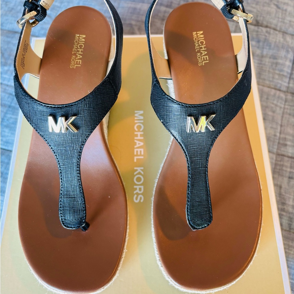 Michael Kors Black Laney Saffiano Leather Espadrille Wedge Sandal